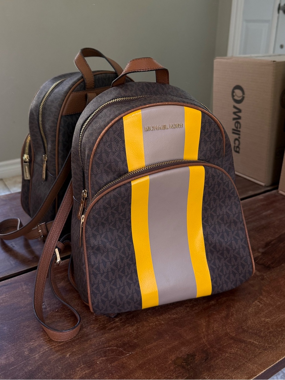 Michael Kors Brown Backpack with Yellow and Gray Stripes